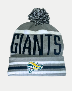 The 25-26 CCM Grey Pom Beanie from Belfast Giants Store by National Merchandise features black and white stripes, a pom-pom, "GIANTS" in bold black letters, and a stylized face logo on the front cuff.