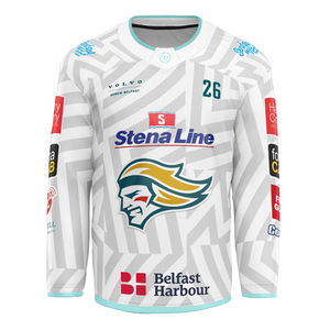 The Belfast Giants Custom Fan Goalie Replica 25/26 Away Jersey features a white zigzag design, chest team logo, number 26 on the shoulder, and sponsor logos like Stena Line and Belfast Harbour—ideal for fans or as a goalie jersey.