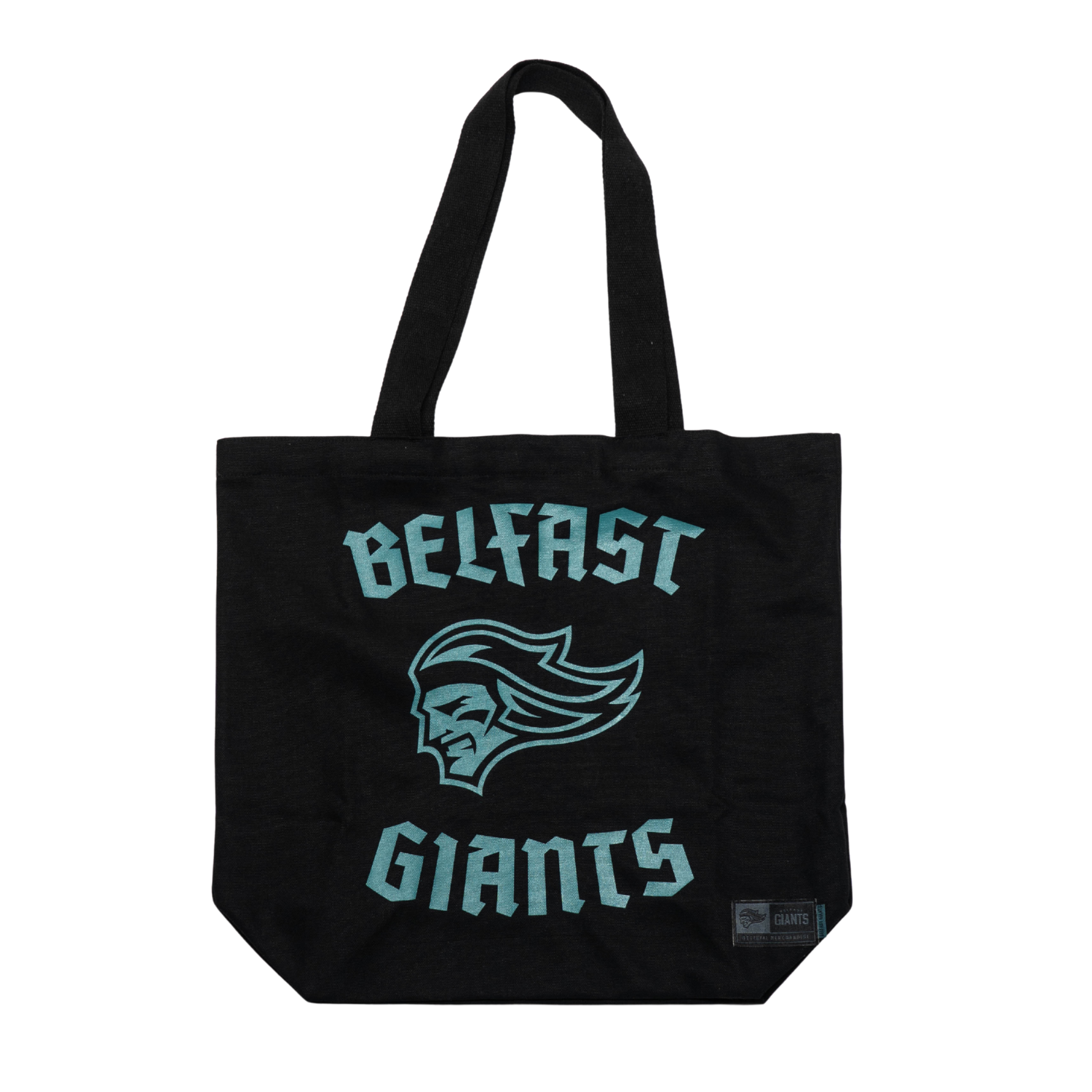 Show your support with the Belfast Giants Tote Bag Black/Teal Logos, featuring bold team lettering, sturdy handles, and a subtle branded label—perfect for any Belfast Giants fan.