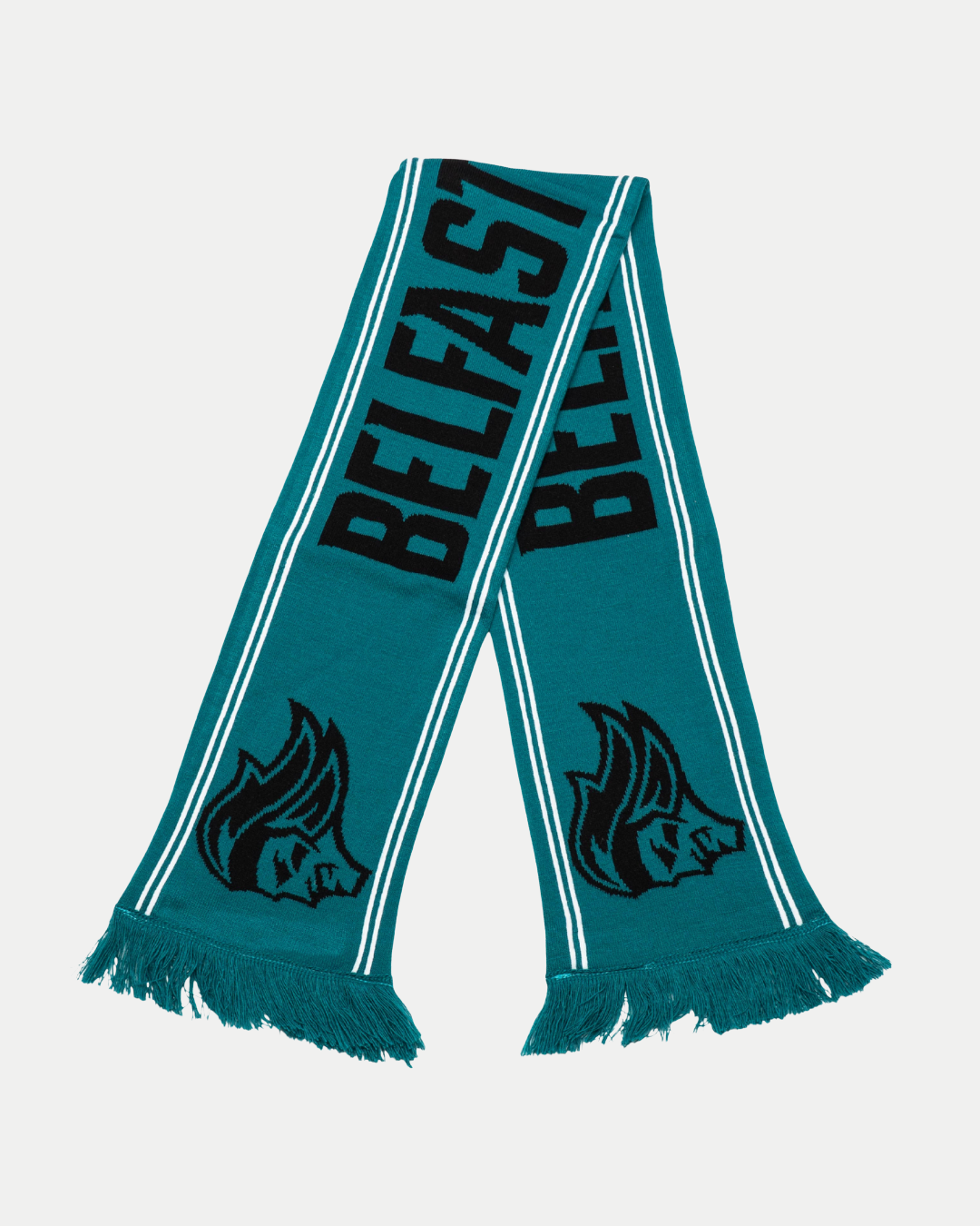 The Belfast Giants Scarf Teal with Black Logo features black and white stripes, BELFAST text, a stylized animal logo at each end, and stylish fringed edges—perfect for fans on match day.