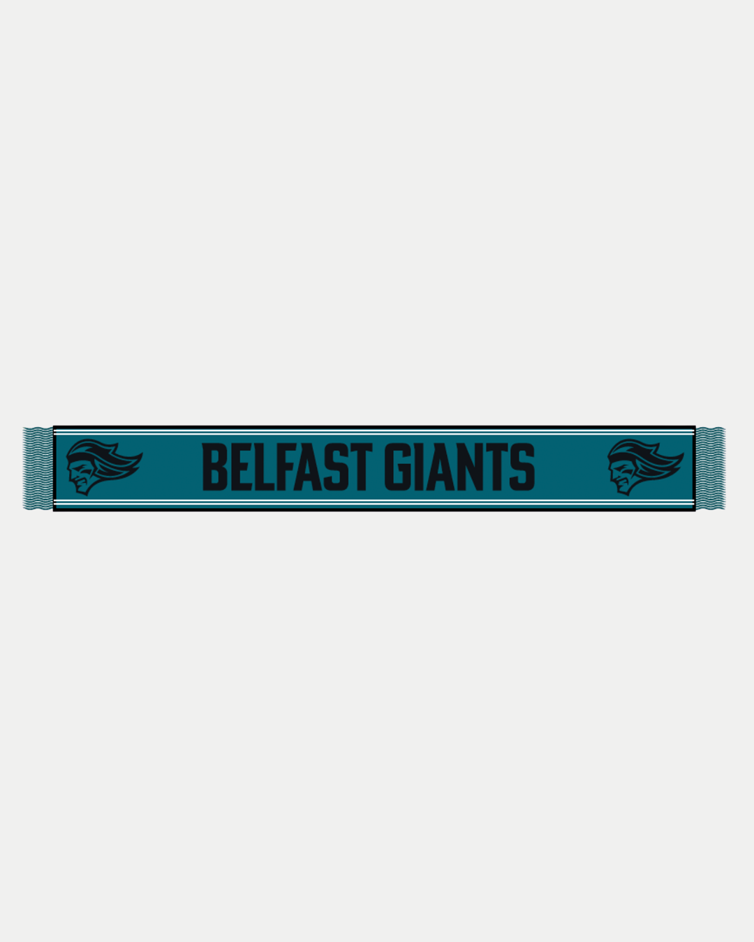 The Belfast Giants Scarf Teal with Black Logo is a match day essential, featuring the team name and iconic giant head logos on each end.