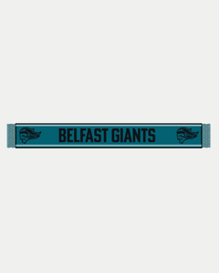 The Belfast Giants Scarf Teal with Black Logo is a match day essential, featuring the team name and iconic giant head logos on each end.