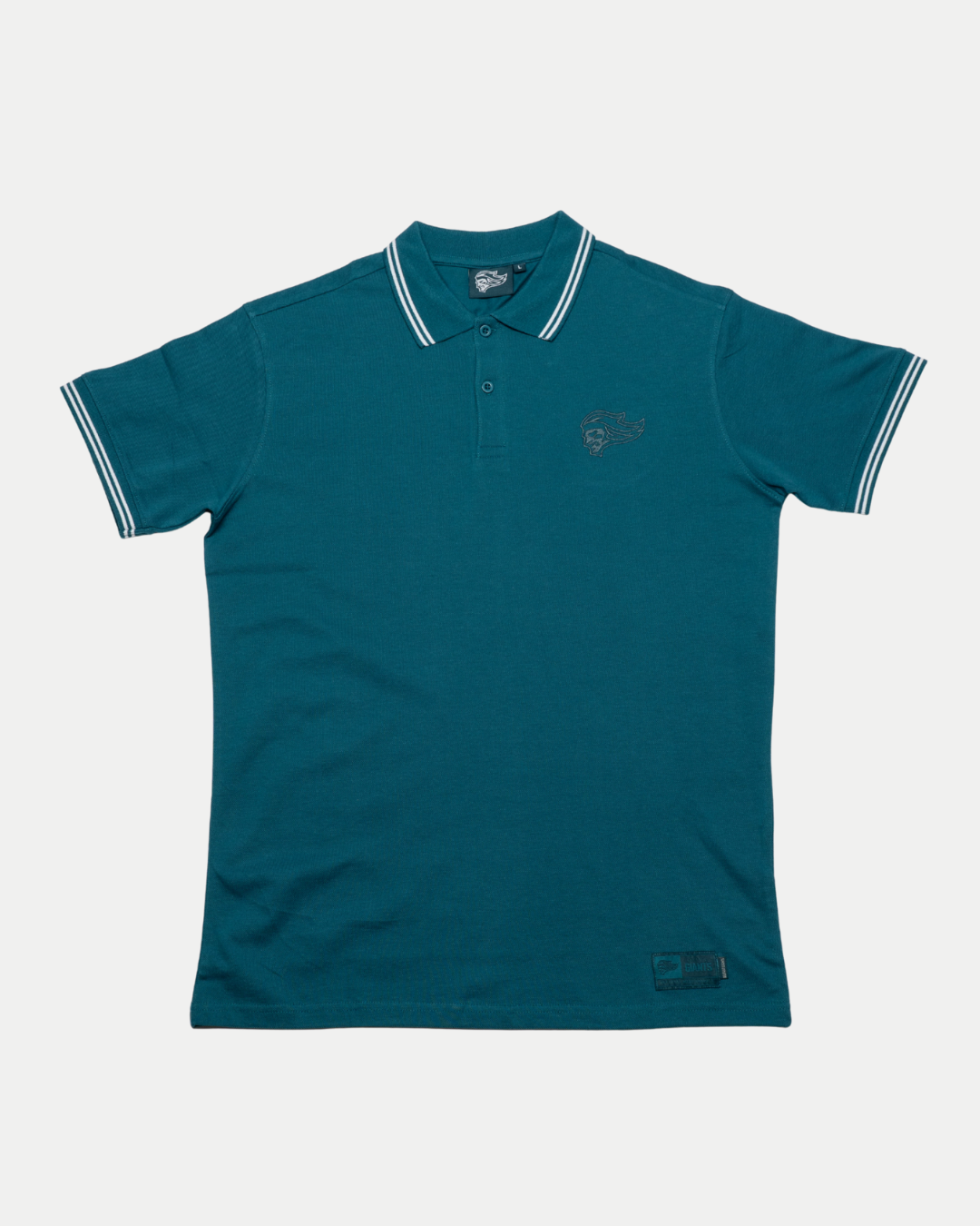 The Belfast Giants Teal Polo Shirt by Belfast Giants features white striped trim on the collar and sleeves, a button placket, and an embroidered logo on the left chest. Shown laid flat on a white background.