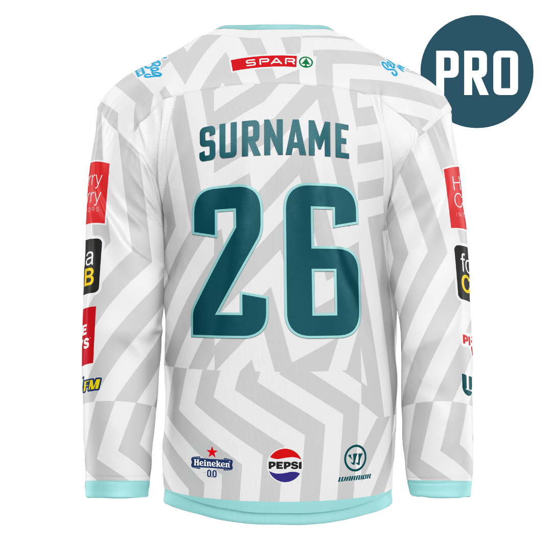 The Custom Authentic Goalie Pro 25/26 Away Jersey by Belfast Giants is white and gray with turquoise accents, SURNAME and number 26 on the back, sponsor logos, and a PRO badge—styled after the iconic Belfast Giants jersey.