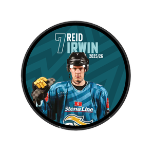 The 2025-26 Player Puck by Belfast Giants is a limited edition design featuring a player in blue Stena Line gear. "7 REID IRWIN 2025/26" appears on top over a teal, subtly patterned background, celebrating the team.