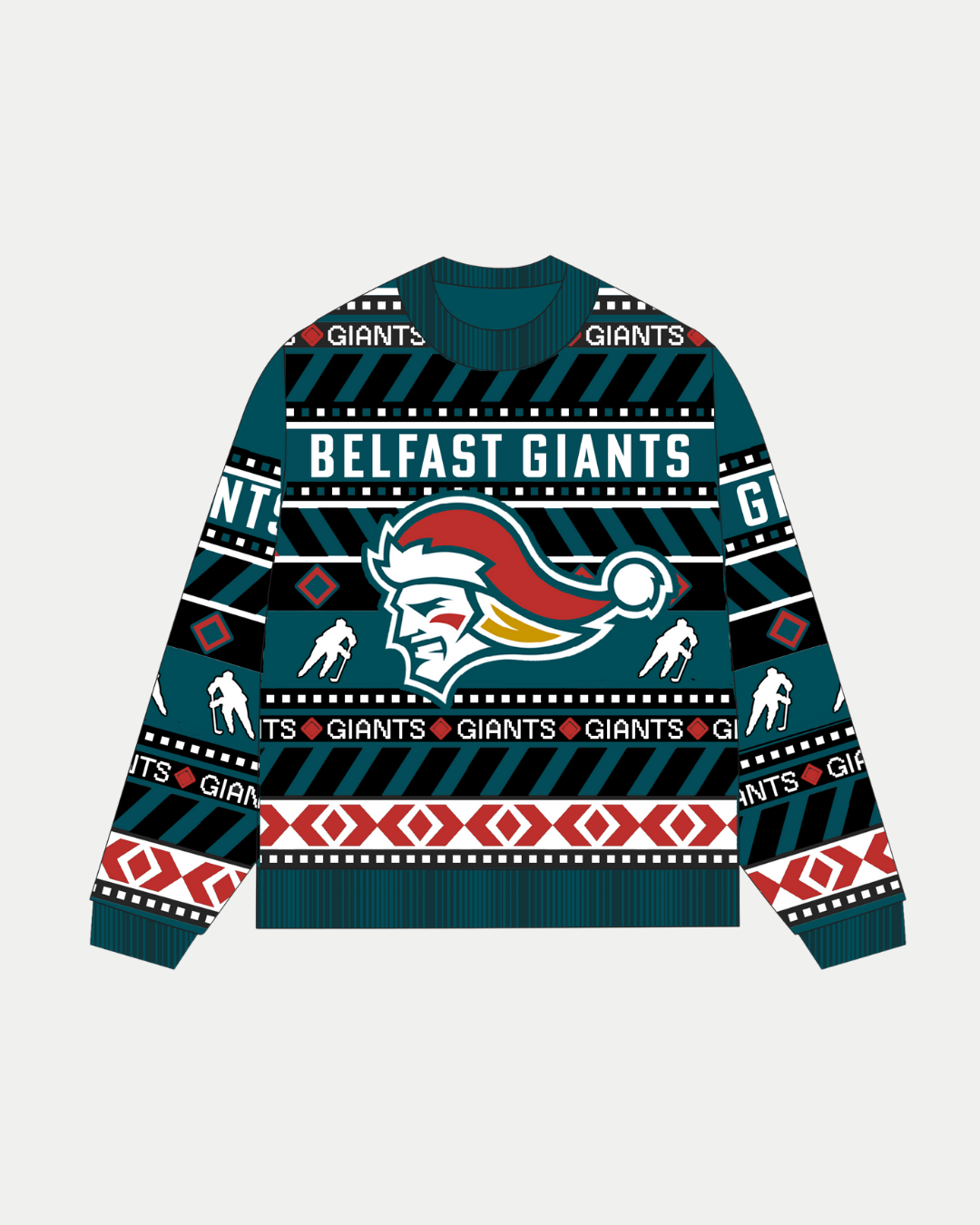 Show your team spirit this holiday with the Belfast Giants Christmas Jumper from Belfast Giants Store by National Merchandise, featuring festive team branding, a logo in a Santa hat, and colorful geometric patterns.