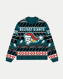 Show your team spirit this holiday with the Belfast Giants Christmas Jumper from Belfast Giants Store by National Merchandise, featuring festive team branding, a logo in a Santa hat, and colorful geometric patterns.