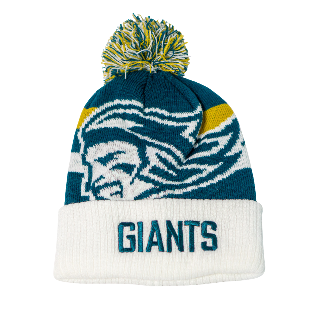 Stay warm at winter games with the Belfast Giants Hockey Beanie Off-White, featuring blue, white, and yellow accents, a stylized face design, GIANTS embroidered on the brim, and a vibrant multicolored pom-pom.