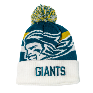 Stay warm at winter games with the Belfast Giants Hockey Beanie Off-White, featuring blue, white, and yellow accents, a stylized face design, GIANTS embroidered on the brim, and a vibrant multicolored pom-pom.