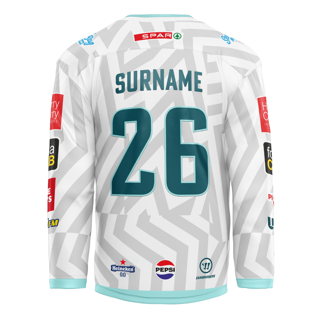 Show your team pride with the Belfast Giants Custom Fan Goalie Replica 25/26 Away Jersey, featuring teal accents, your chosen name and number on the back, and official sponsor logos like SPAR, Heineken, and Pepsi.