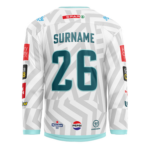 Show your team pride with the Belfast Giants Custom Fan Goalie Replica 25/26 Away Jersey, featuring teal accents, your chosen name and number on the back, and official sponsor logos like SPAR, Heineken, and Pepsi.