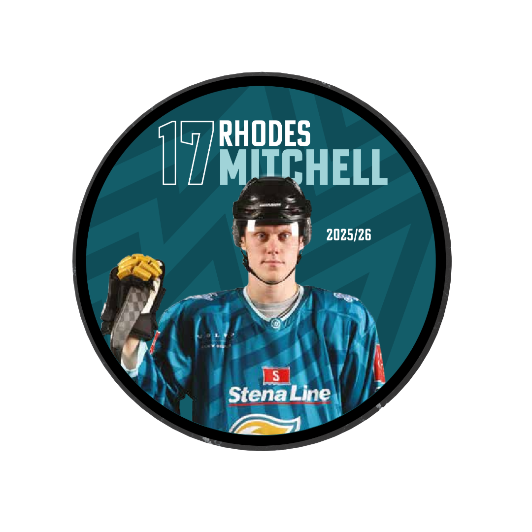 The Belfast Giants 2025-26 Player Puck features Rhodes Mitchell (#17) in a blue jersey, helmet, and holding a hockey stick with "RHODES MITCHELL" and "2025/26" text on a teal background. Limited edition collectible.