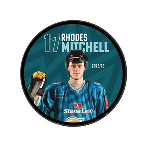 The Belfast Giants 2025-26 Player Puck features Rhodes Mitchell (#17) in a blue jersey, helmet, and holding a hockey stick with "RHODES MITCHELL" and "2025/26" text on a teal background. Limited edition collectible.