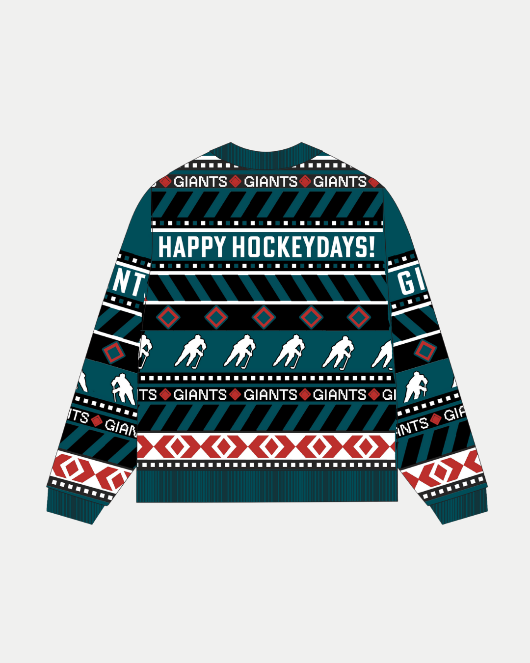 The Belfast Giants Christmas Jumper from the Belfast Giants Store by National Merchandise features team branding, festive hockey player and diamond knit, and "GIANTS" with "HAPPY HOCKEYDAYS!" in bold on blue, red, and black—ideal for the holidays.