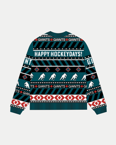 The Belfast Giants Christmas Jumper from the Belfast Giants Store by National Merchandise features team branding, festive hockey player and diamond knit, and "GIANTS" with "HAPPY HOCKEYDAYS!" in bold on blue, red, and black—ideal for the holidays.