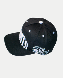 The Belfast Giants Cap Black and White by Belfast Giants features large white front lettering, a stylized knight’s helmet logo on the side, white embroidered accents, flat brim, and white eyelets—perfect for true fans.