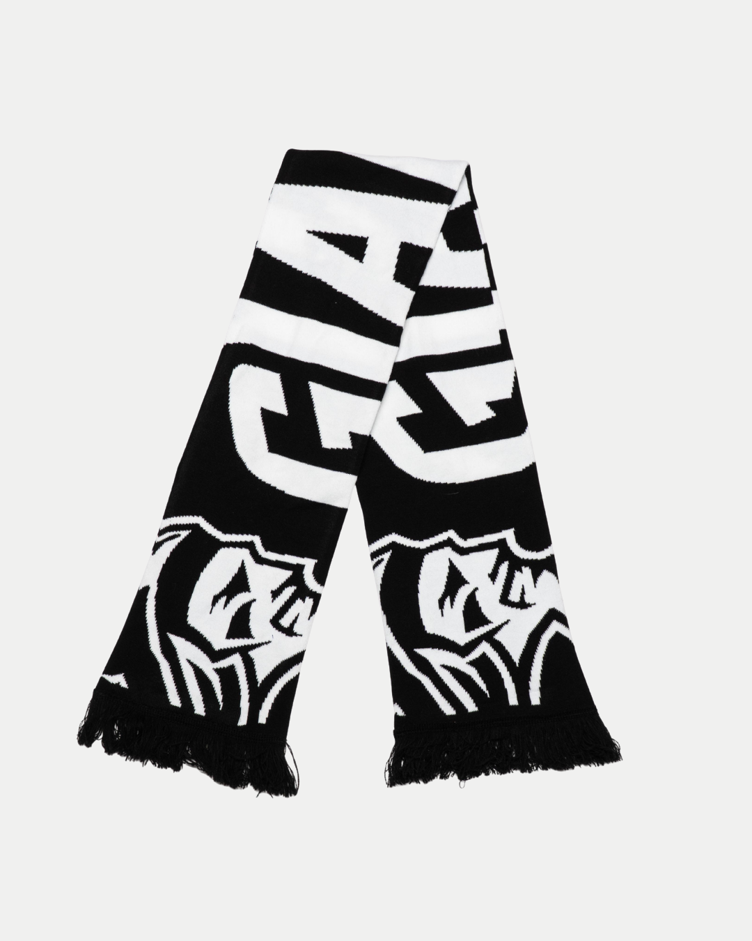 The Belfast Giants Scarf Black and White by Belfast Giants features bold, abstract lettering, graphic illustrations, team logo, and fringe on both ends, shown on a white background.