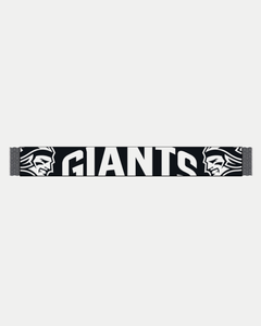 The Belfast Giants Scarf Black and White by Belfast Giants features bold "GIANTS" lettering and two outward-facing warrior head logos at each end.