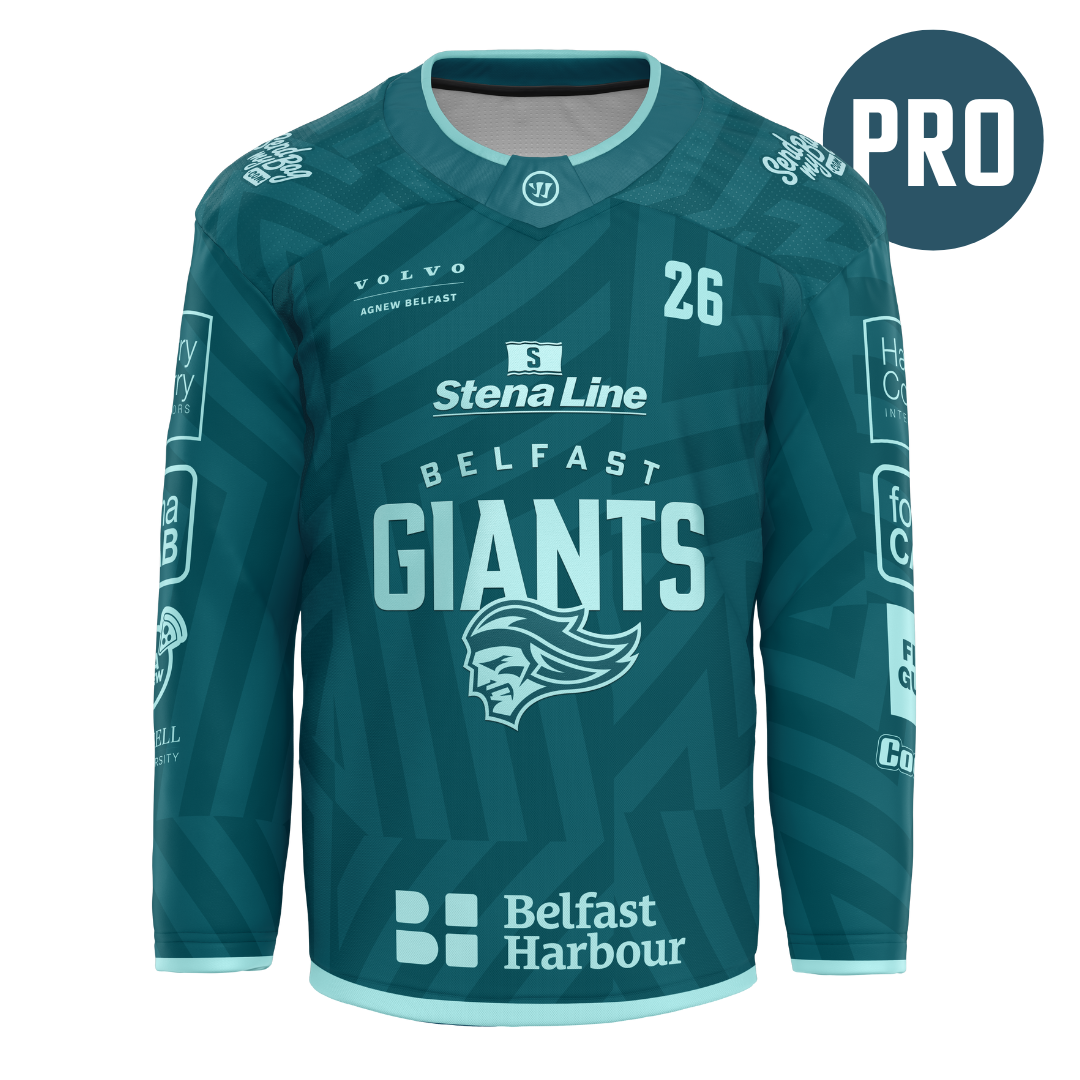 A teal Custom Authentic Goalie Pro 25/26 Challenge Cup Jersey by Belfast Giants, featuring number 26, team logo, Stena Line and Belfast Harbour sponsors, plus a “PRO” circle at the top right to mark it as an authentic pro goalie jersey.