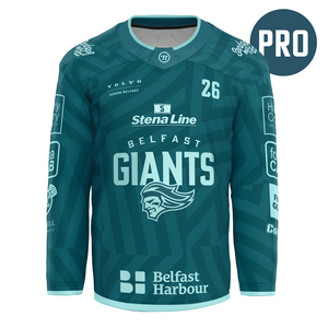 A teal Custom Authentic Goalie Pro 25/26 Challenge Cup Jersey by Belfast Giants, featuring number 26, team logo, Stena Line and Belfast Harbour sponsors, plus a “PRO” circle at the top right to mark it as an authentic pro goalie jersey.