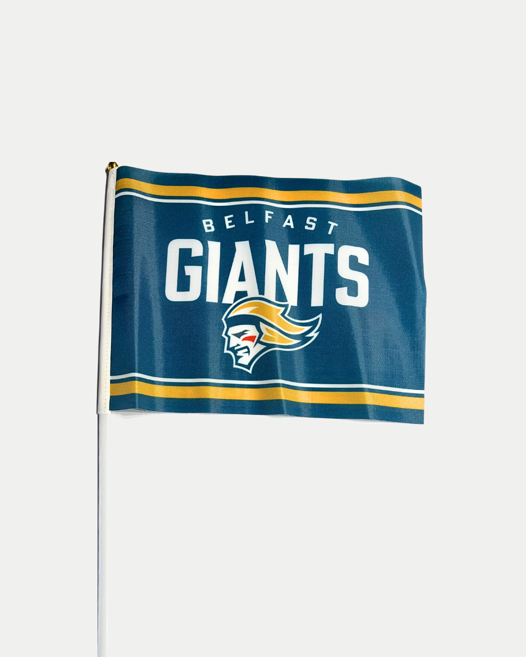 The Belfast Giants Mini Flag 25/26 from Belfast Giants Store by National Merchandise is a blue flag with gold and white stripes, bold “Belfast Giants” text, and a giant head logo in the center, mounted on a white flagpole.