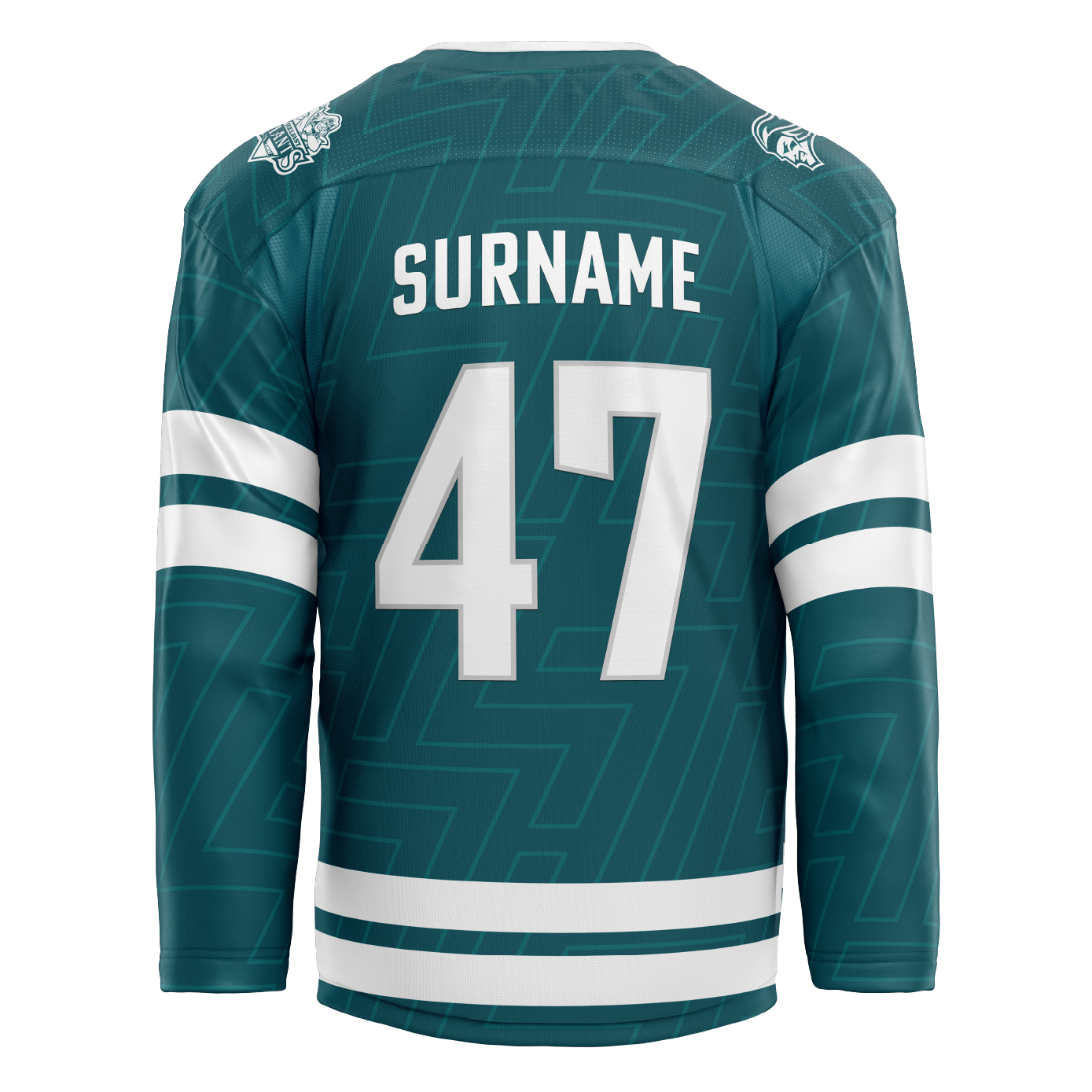 The Belfast Giants Custom Adam Keefe Testimonial Sublimated Replica 24/25 Jersey by Belfast Giants Store features a teal design with white sleeve and waist stripes, large white number 47, “SURNAME” above the number, and shoulder logo patches.