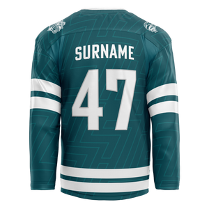 The Belfast Giants Custom Adam Keefe Testimonial Sublimated Replica 24/25 Jersey by Belfast Giants Store features a teal design with white sleeve and waist stripes, large white number 47, “SURNAME” above the number, and shoulder logo patches.