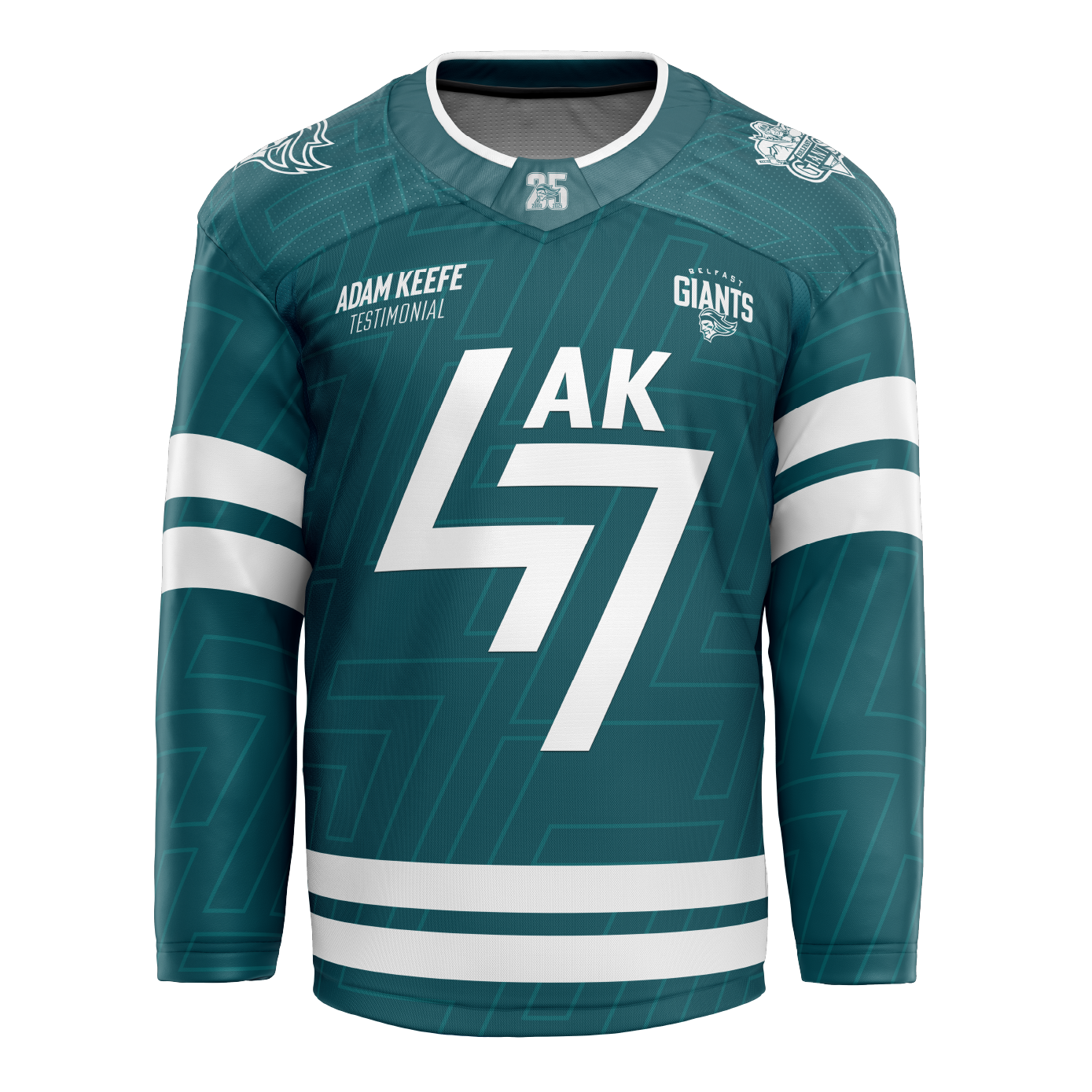 The Belfast Giants Custom Adam Keefe Testimonial Sublimated Replica 24/25 Jersey features bold white 57 and AK, white sleeve stripes, plus testimonial and team logos on chest and shoulders. Available from Belfast Giants Store by National Merchandise.