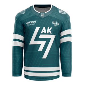 Pre-order the Belfast Giants Adam Keefe Testimonial Sublimated Replica 24/25 Jersey from Belfast Giants Store by National Merchandise, featuring bold white AK57, Adam Keefe Testimonial, team logo, and crisp white sleeve stripes.