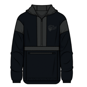 The Belfast Giants Anorak Black by Belfast Giants features a half-zip design with dark gray accents, a front zipper, large zip pouch, and a subtle Giants logo on the left chest.