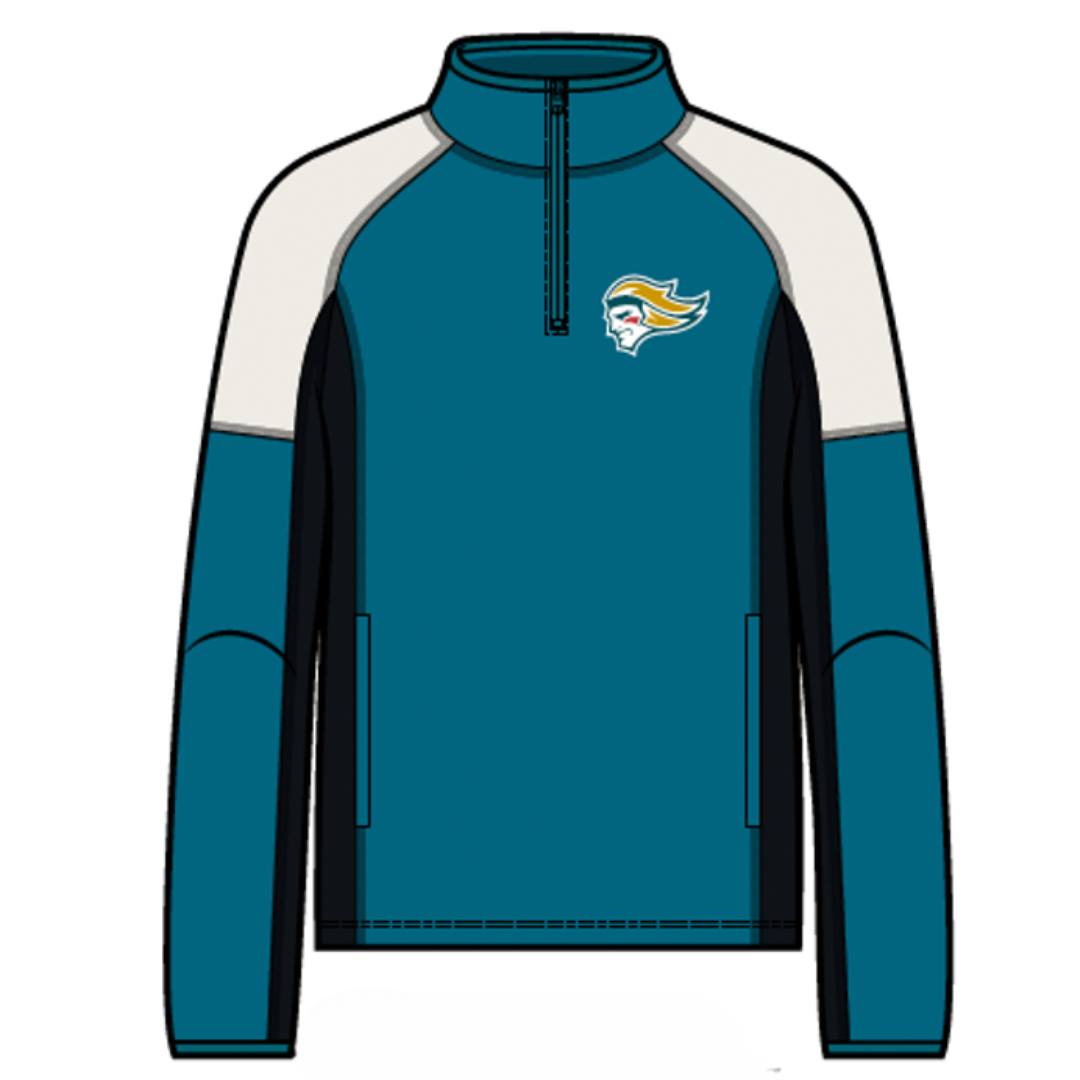 The Belfast Giants Fleece Half Zip Teal is a teal pullover with white shoulder panels, black side and sleeve accents, and features the Belfast Giants crest with a green, yellow, and white flame on the left chest.