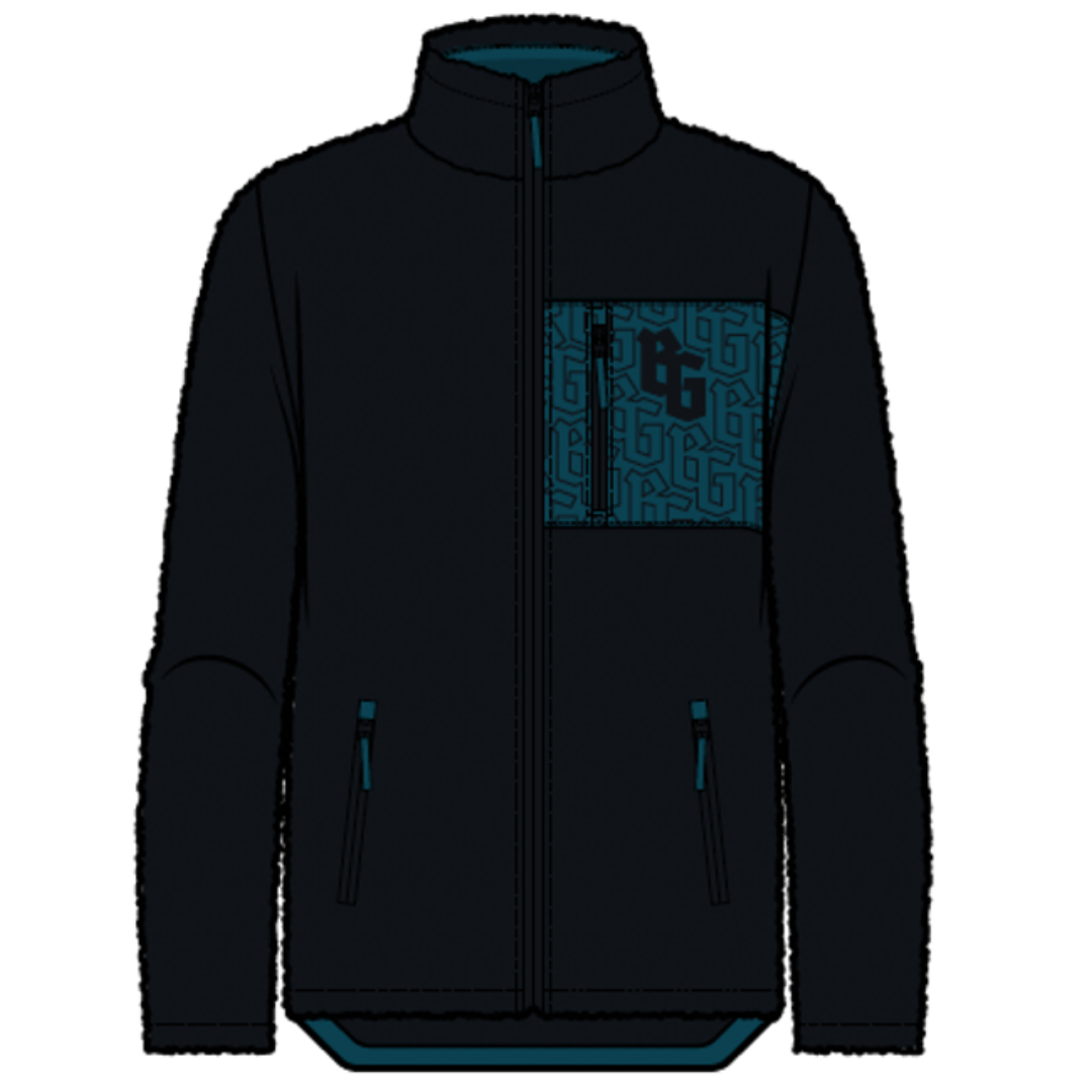 The Belfast Giants Pile Jacket BG Logo is a dark fleece-lined zip-up with a high collar, teal lining, two zippered side pockets, and a patterned chest pocket featuring teal geometric designs and the BG monogram. Textured edge detailing adds style.