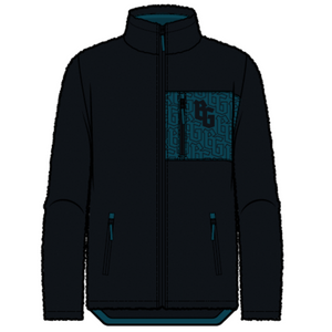 The Belfast Giants Pile Jacket BG Logo is a dark fleece-lined zip-up with a high collar, teal lining, two zippered side pockets, and a patterned chest pocket featuring teal geometric designs and the BG monogram. Textured edge detailing adds style.