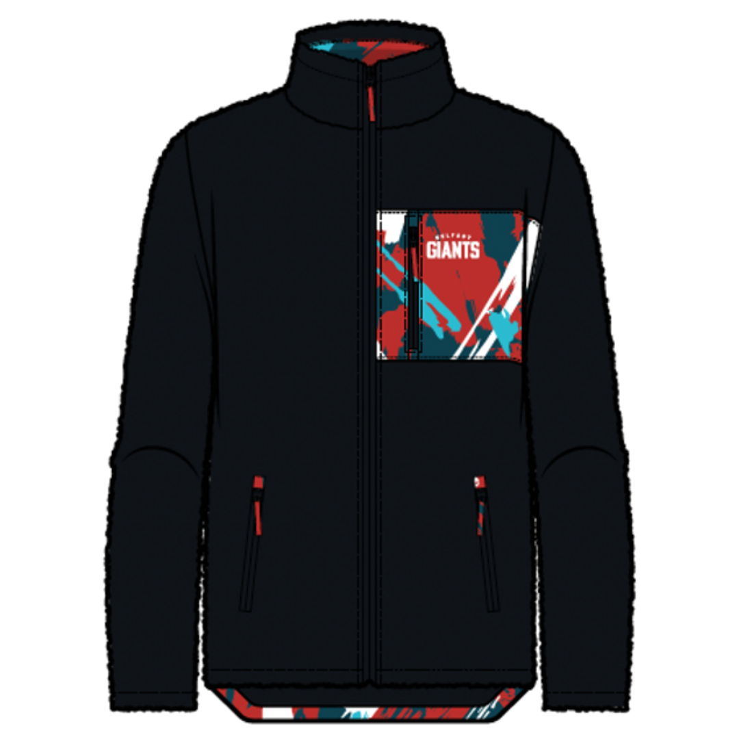 The Belfast Giants Pile Jacket Paint Stripes features a black zip-up design with a red, teal, and white patterned chest pocket displaying the word GIANTS, plus matching patterned trim along the inside hem.