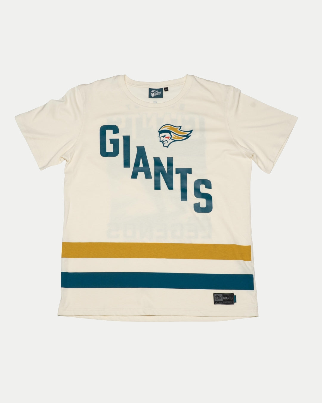 The Kids Belfast Giants Hockey t-shirt in Off-White features bold teal “GIANTS” lettering, a stylized mascot logo, and gold and teal stripes—perfect for young Belfast Giants fans who know We Are Legends.