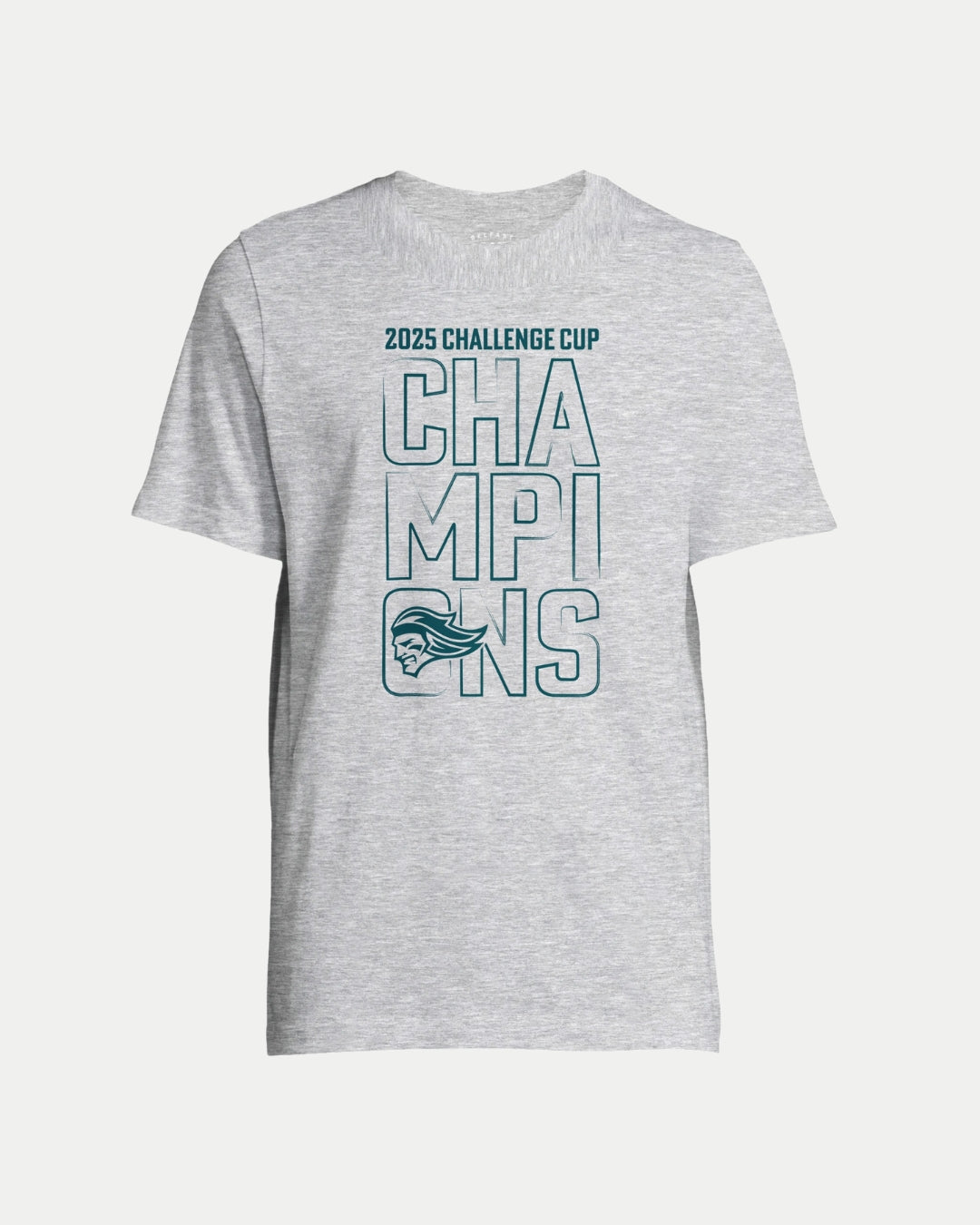 Show your Giants pride with the Belfast Giants Made To Order Victory 2025 Challenge Cup Champions T-shirt in grey, featuring bold blue "2025 Challenge Cup Champions" text and a stylized bird logo below "CHAMPIONS.