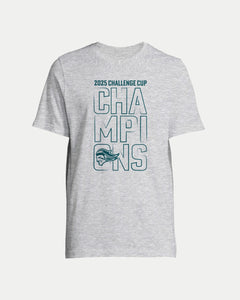 Show your Giants pride with the Belfast Giants Made To Order Victory 2025 Challenge Cup Champions T-shirt in grey, featuring bold blue "2025 Challenge Cup Champions" text and a stylized bird logo below "CHAMPIONS.