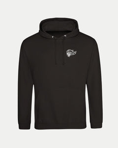 The Belfast Giants Made-To-Order Est 2000 Pullover Hoodie in black is a unisex hoodie featuring a small white graphic on the left chest, front pocket, and hood with drawstrings for comfort and style.