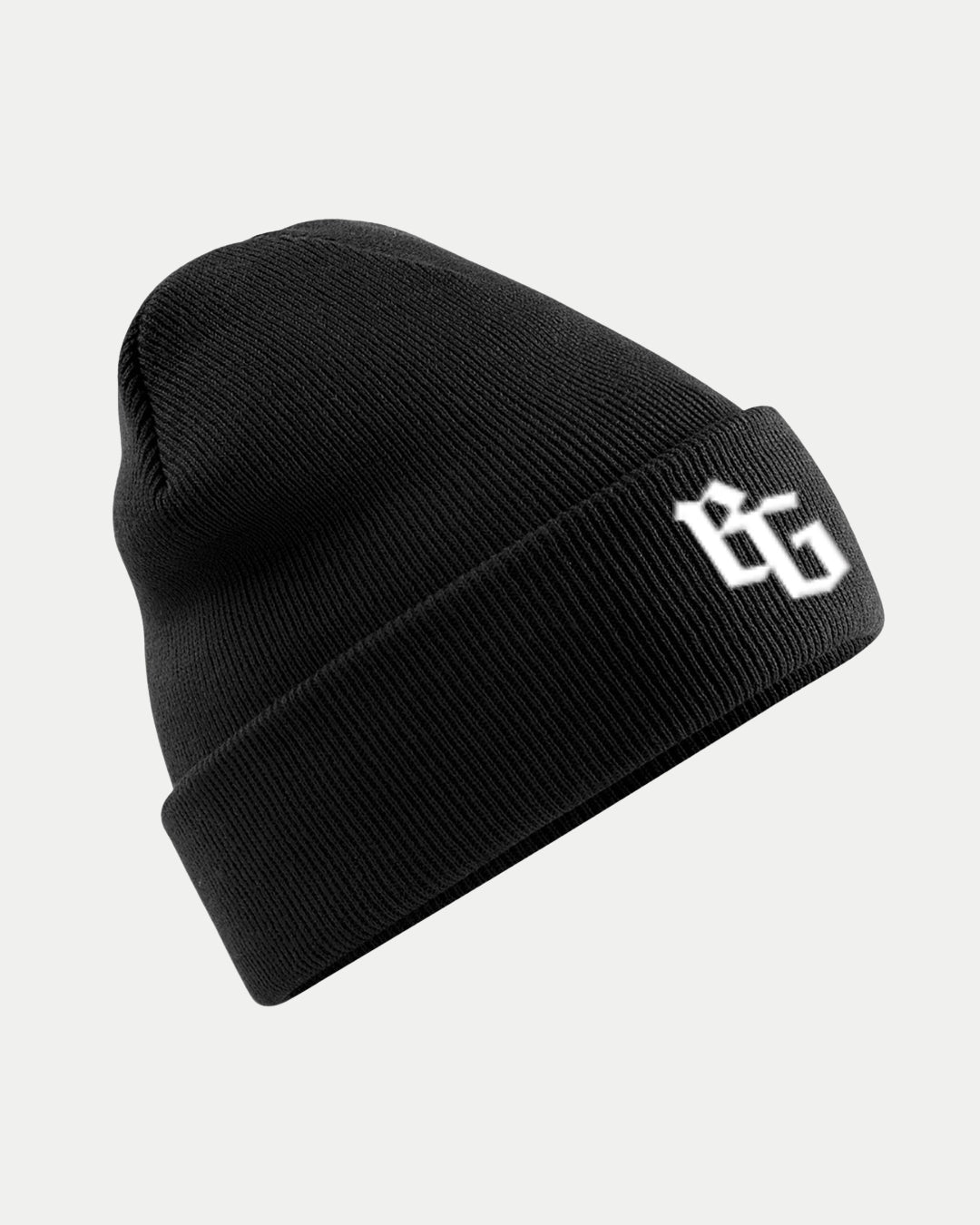 The BG Logo Black Beanie by Belfast Giants is a black knit hat with a folded brim and a bold white BG logo on the front, displayed against a plain light gray background.