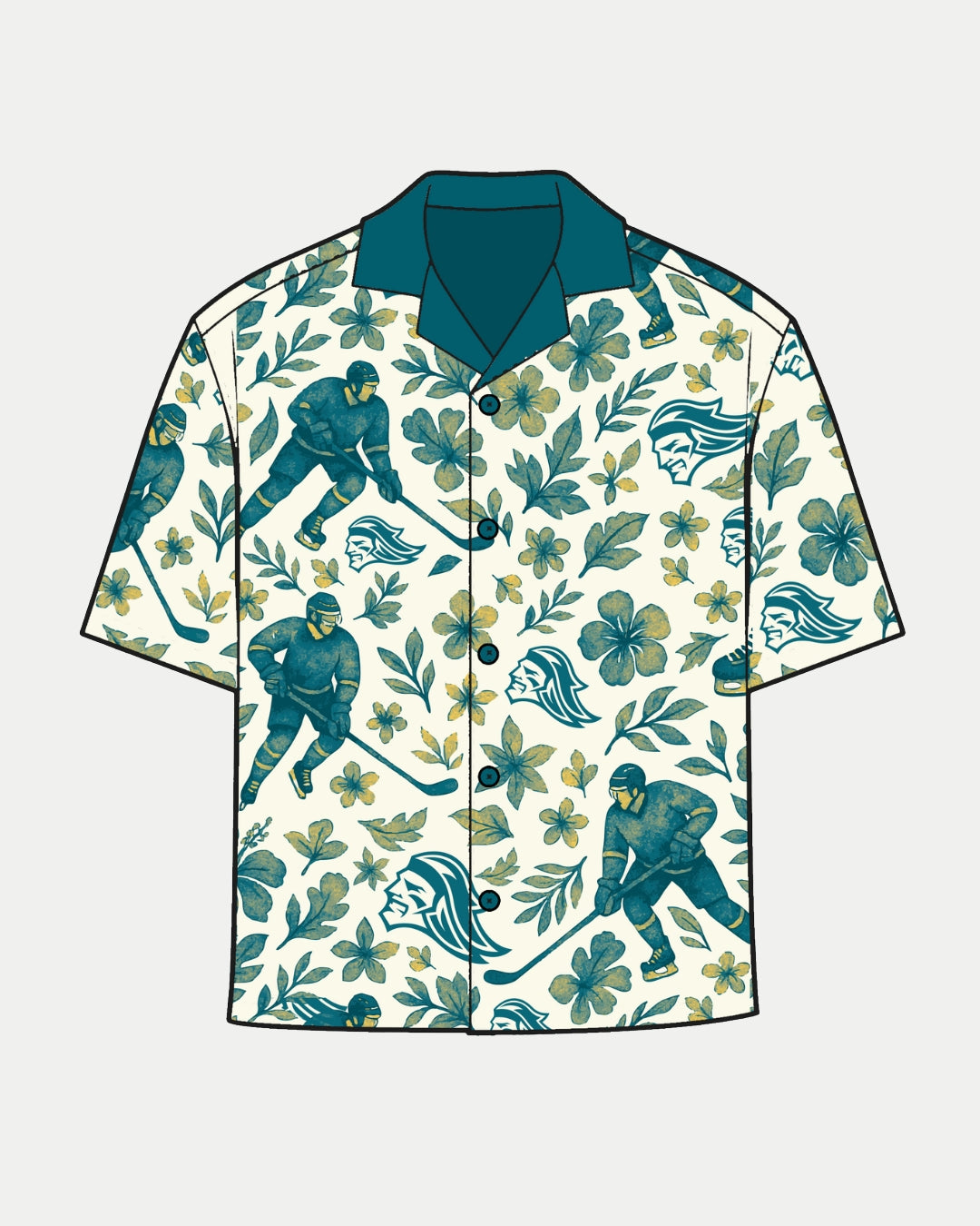 Show your team spirit in the Giants Hawaiian Shirt from Belfast Giants Store by National Merchandise—a short-sleeved button-up with a teal collar, hockey players, teal lion head logos, and green leaves on a light background.