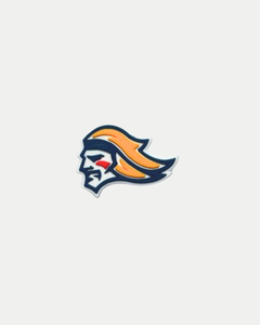 The Belfast Giant Croc Charms from Belfast Giants Store by National Merchandise feature a stylized face in profile with blue outlines, an orange flame-like hairstyle, and a red cheek mark on a white background.