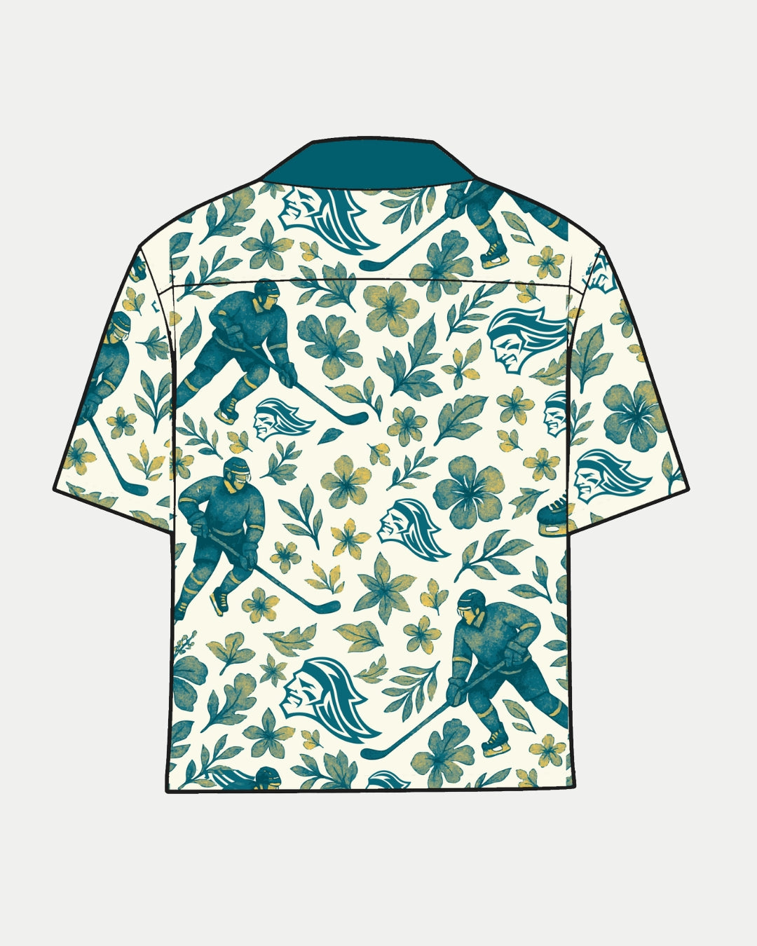 The Giants Hawaiian Shirt from Belfast Giants Store by National Merchandise features hockey players, flowers, leaves, and lion heads in green and blue on cream—a stylish way for fans to show their team pride.