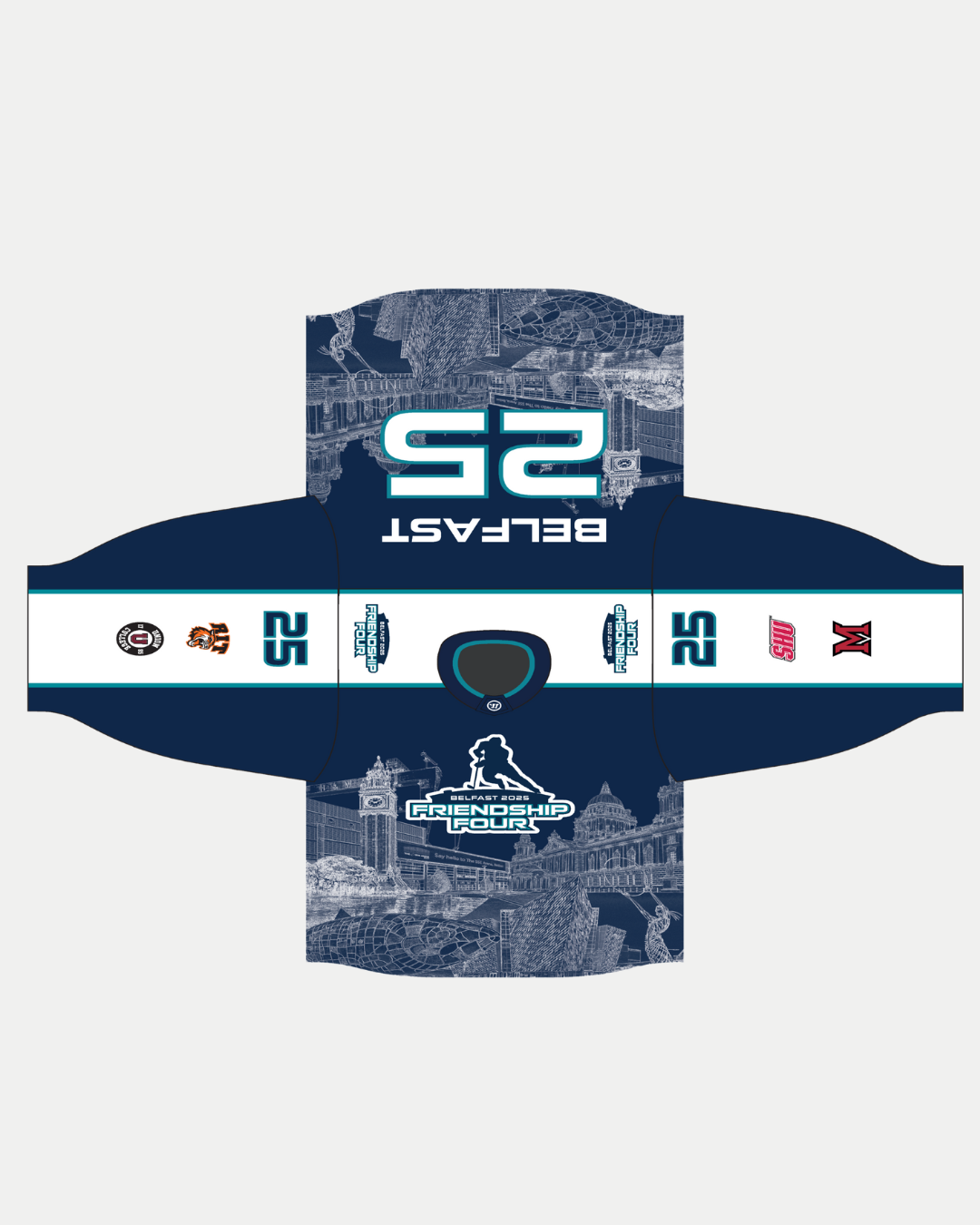 Overhead view of the Belfast Giants Friendship Four Sublimated Replica 2025 Jersey, featuring BELFAST 25 on the back, cityscape graphics, sleeve logos, and a tournament logo—ideal for fans from the Belfast Giants Store by National Merchandise.