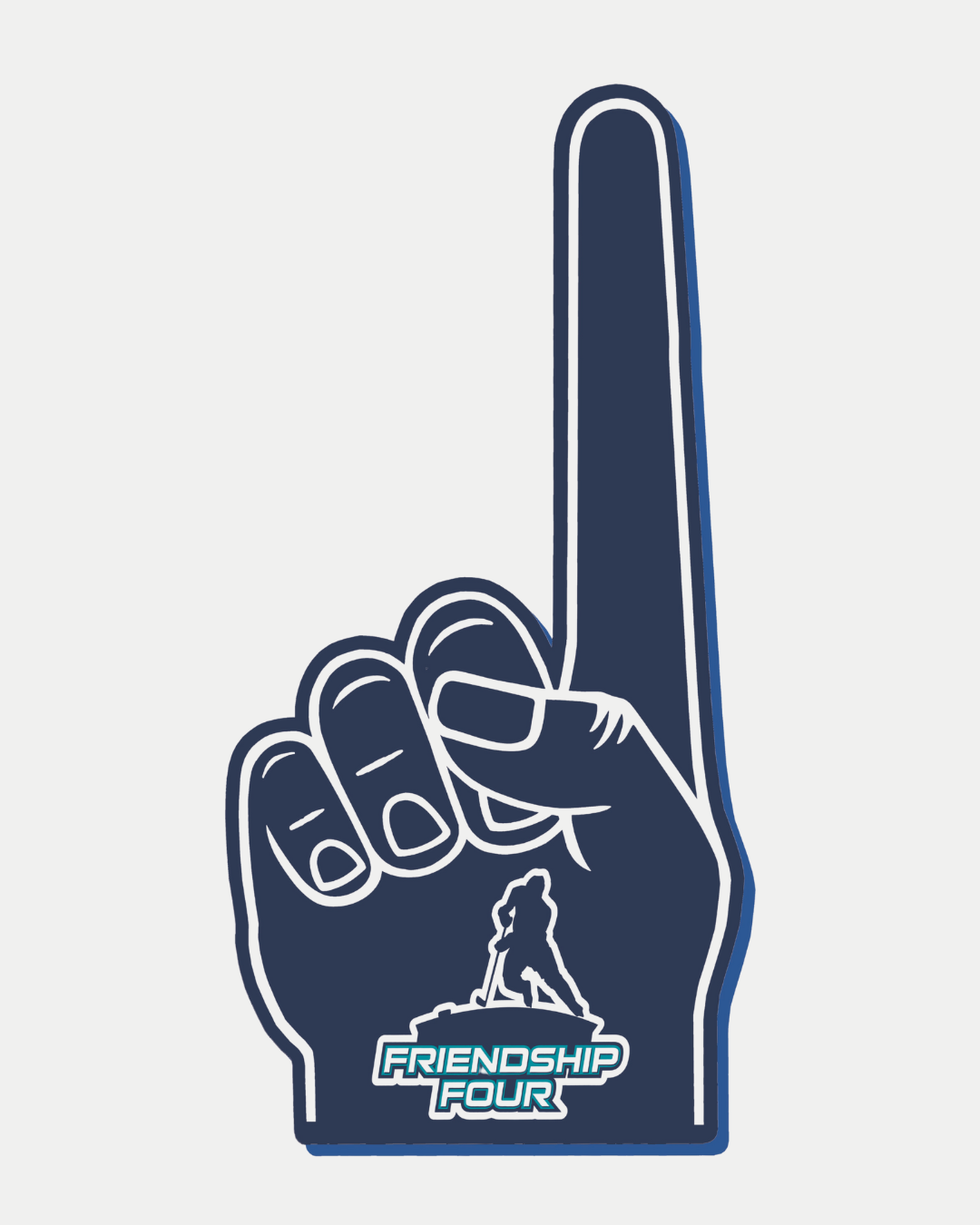 The CLICK & COLLECT Friendship Four Foam Finger from Belfast Giants Store by National Merchandise is a blue foam finger with a raised index finger, featuring a hockey player outline and "FRIENDSHIP FOUR" at the base.