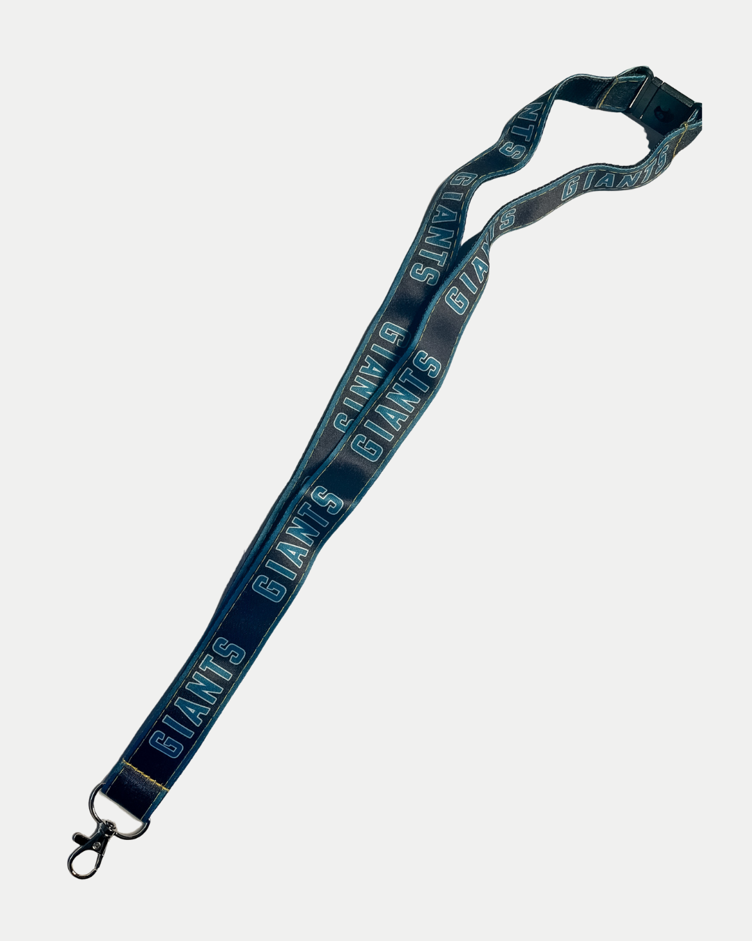 The Belfast Giants Black Lanyard from Belfast Giants Store by National Merchandise features repeated GIANTS text in white, a metal clasp hook, and a plastic buckle.