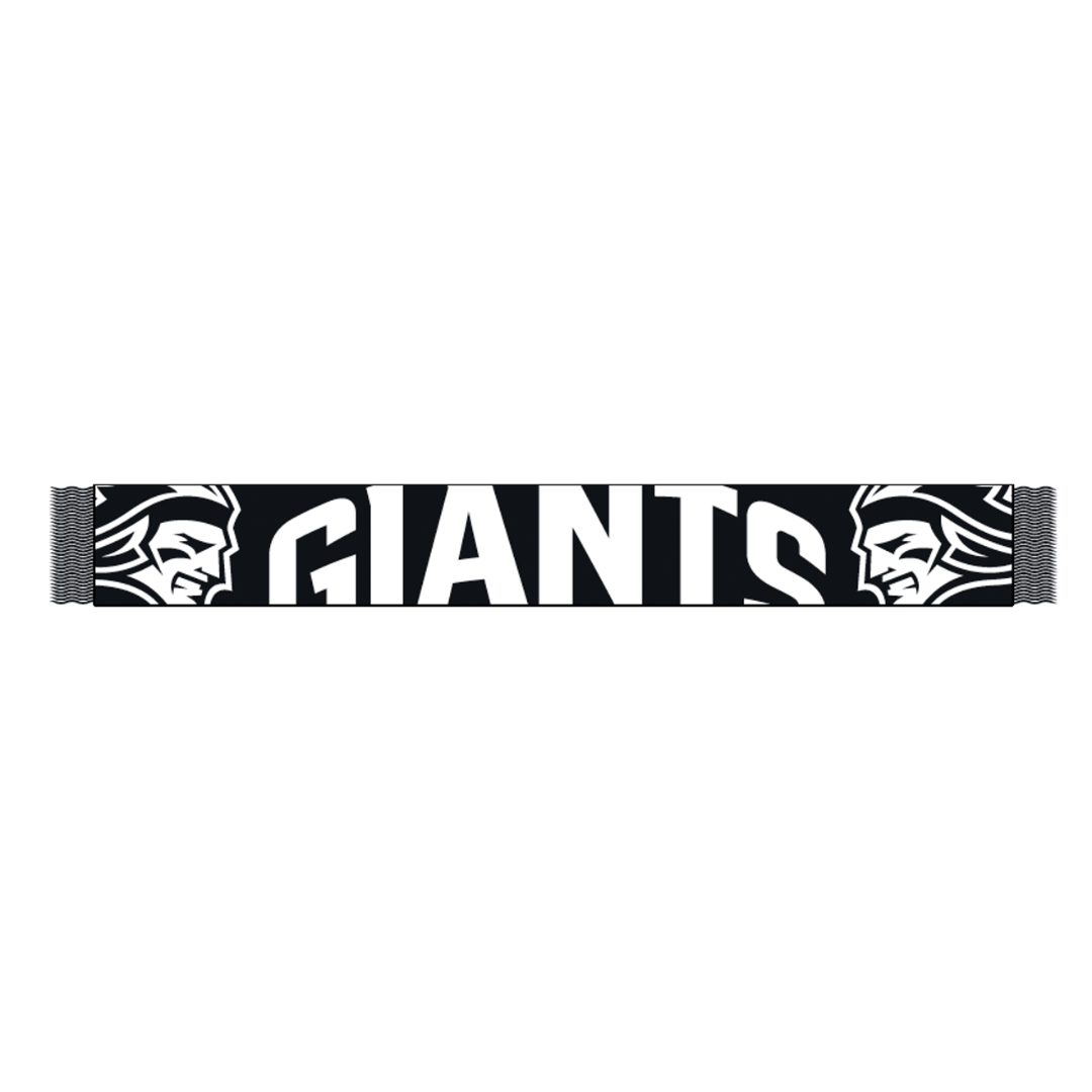 The Belfast Giants Scarf Black and White by Belfast Giants features bold GIANTS lettering, stylized helmeted faces at both ends, and the iconic team logo.