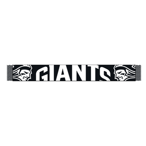 The Belfast Giants Scarf Black and White by Belfast Giants features bold GIANTS lettering, stylized helmeted faces at both ends, and the iconic team logo.