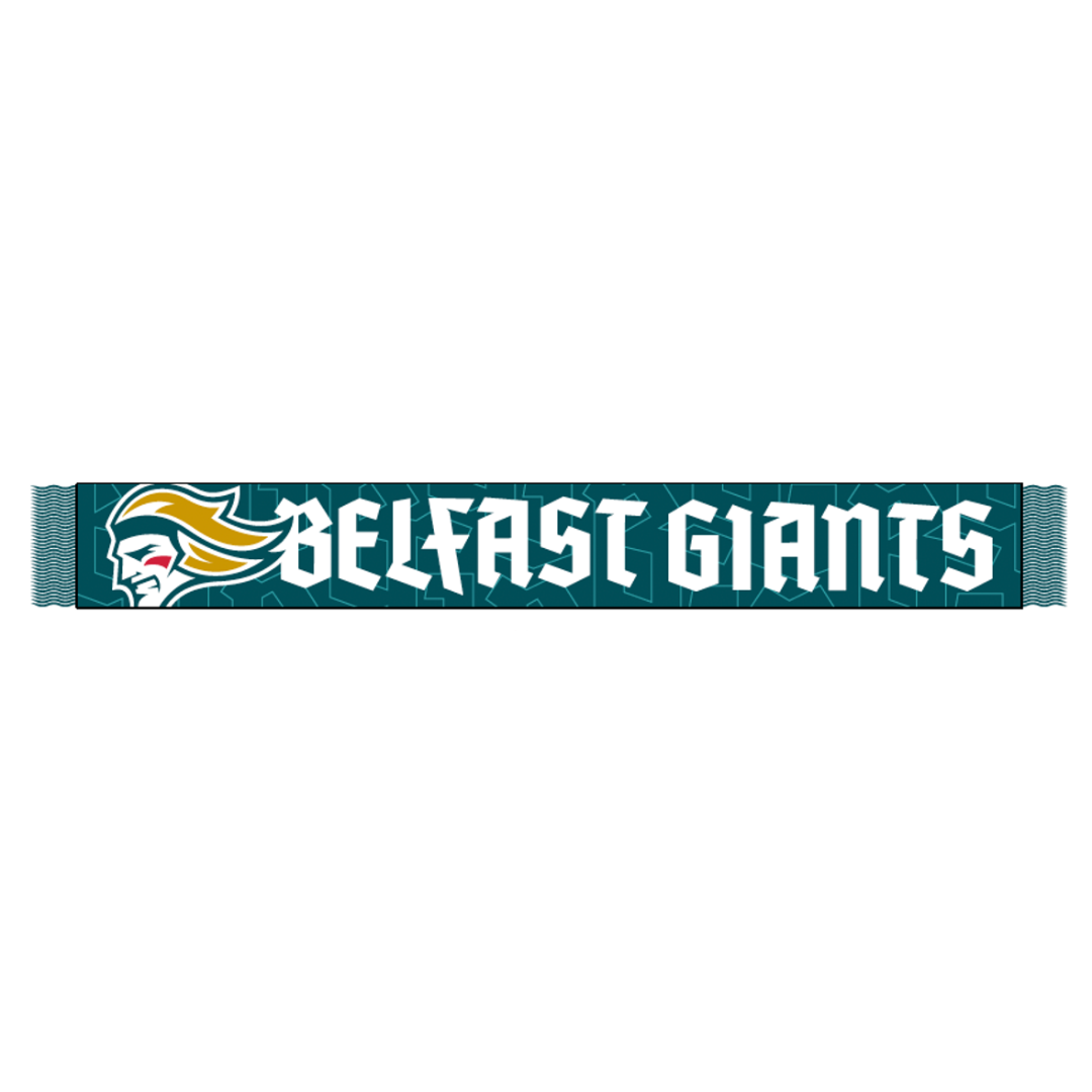 The Belfast Giants Script Text Teal Scarf by Belfast Giants features a teal monogram pattern, a stylized Viking head on the left, and bold white BELFAST GIANTS text across the center.