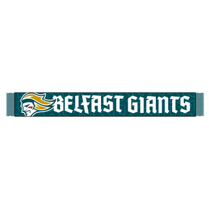 The Belfast Giants Script Text Teal Scarf by Belfast Giants features a teal monogram pattern, a stylized Viking head on the left, and bold white BELFAST GIANTS text across the center.