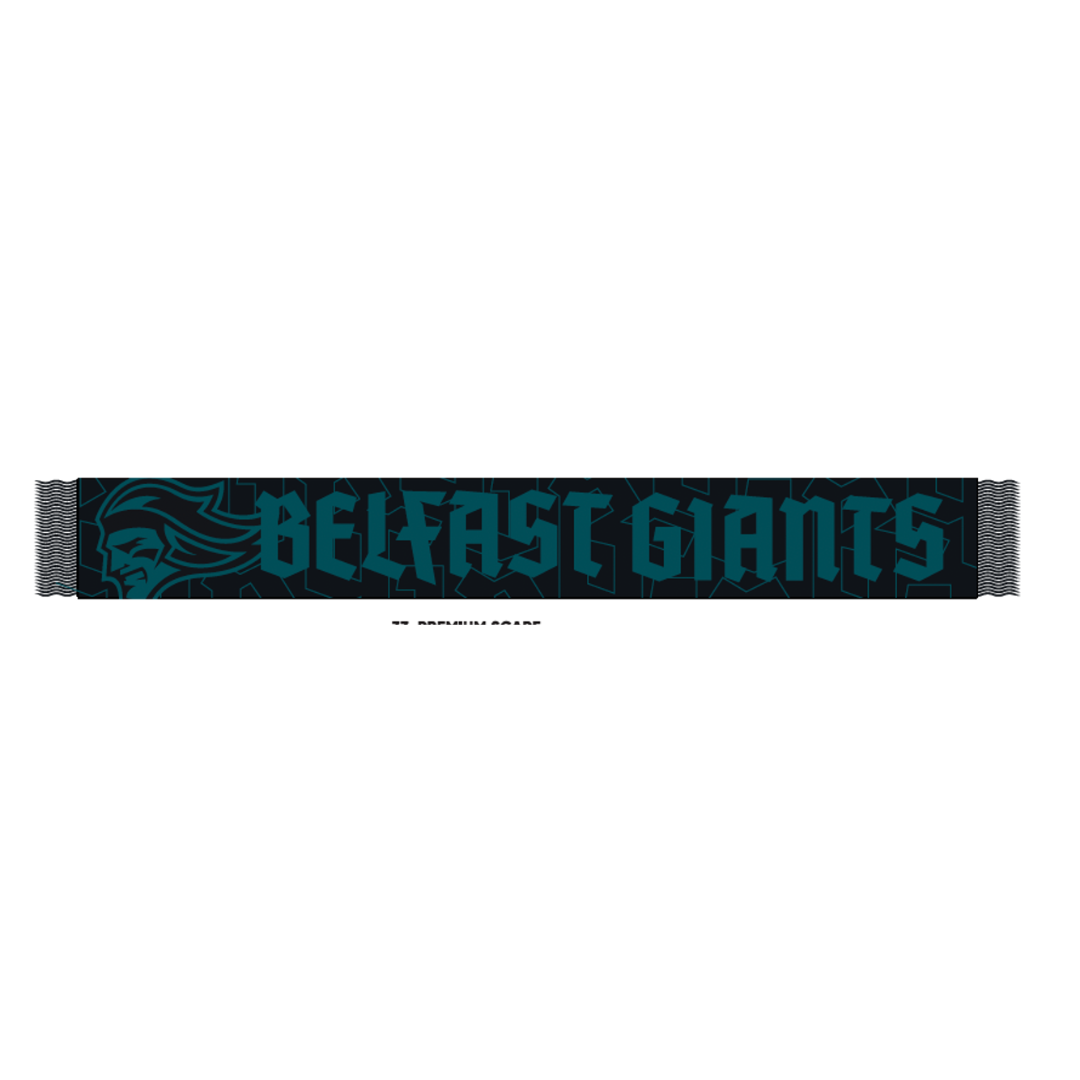 The Belfast Giants Script Text Black Scarf by Belfast Giants features bold script text, a stylish black and teal design, a striking giant’s face on the left, and an eye-catching monogram pattern for extra flair.